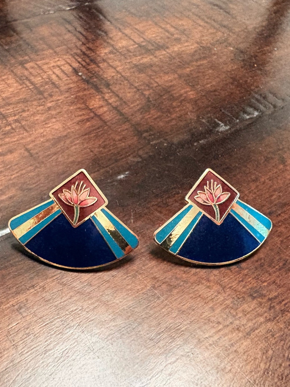 Vintage Laurel Burch Blue and Gold “Water Lily” Cloisonné Fan Earrings